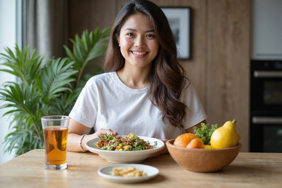 A person enjoying a healthy, balanced meal, symbolizing NutriLife Indonesia's philosophy of well-being through nutrition
