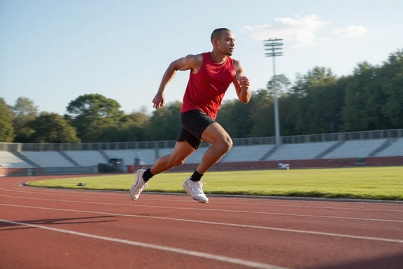 A dynamic image of a person running on a track, representing sports nutrition and performance.