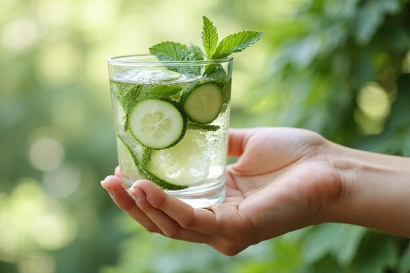 Close-up of a person's hand holding a glass of water with cucumber and mint, symbolizing hydration.