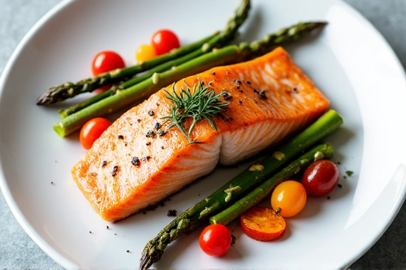 Overhead view of a beautifully plated, healthy salmon dish with roasted vegetables, symbolizing gourmet healthy recipes.