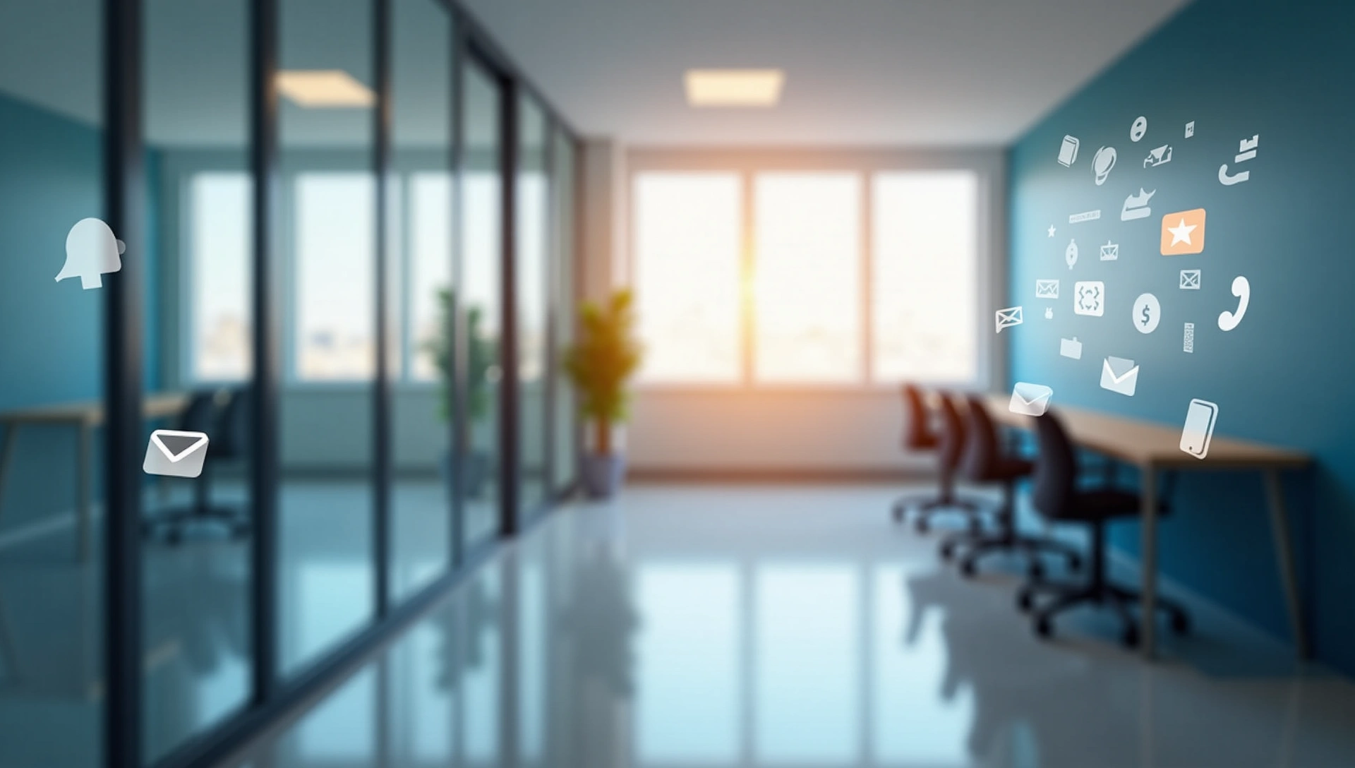 Modern office interior with communication icons floating around, symbolizing global connection and easy contact.