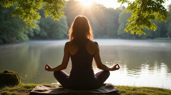A person meditating or doing yoga in a serene natural environment