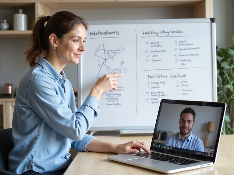 A nutritionist explaining a complex nutritional concept using a whiteboard during a video call.