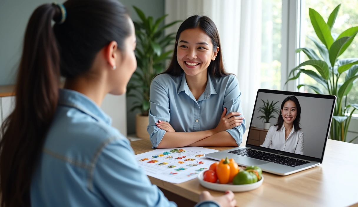 A nutritionist talking to a client via video call, showing a detailed meal plan on a tablet.