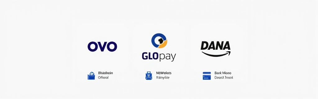 Various Indonesian payment method logos including OVO, GoPay, Dana, and bank transfer icons arranged neatly.